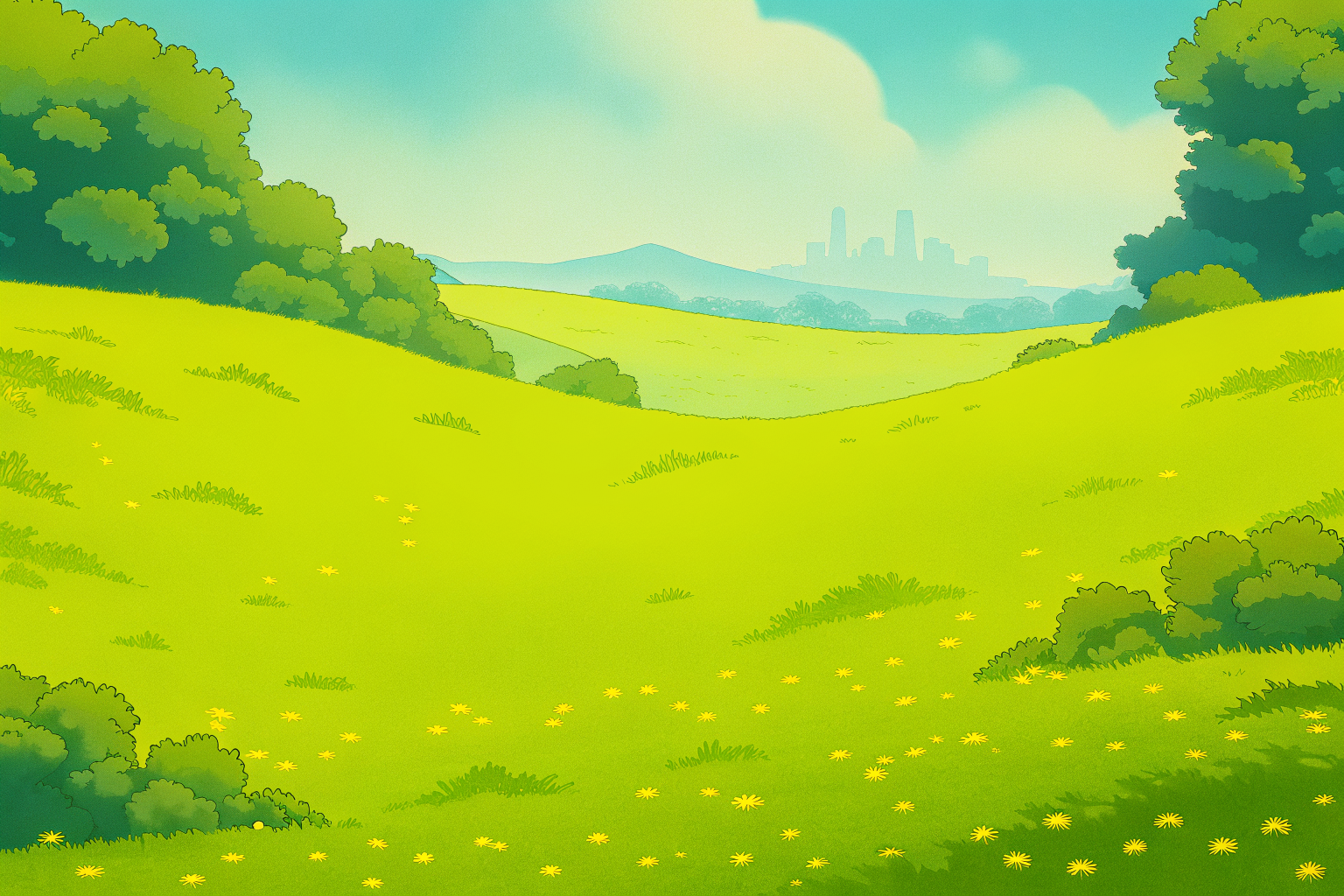 A distant city skyline across rolling green hills
