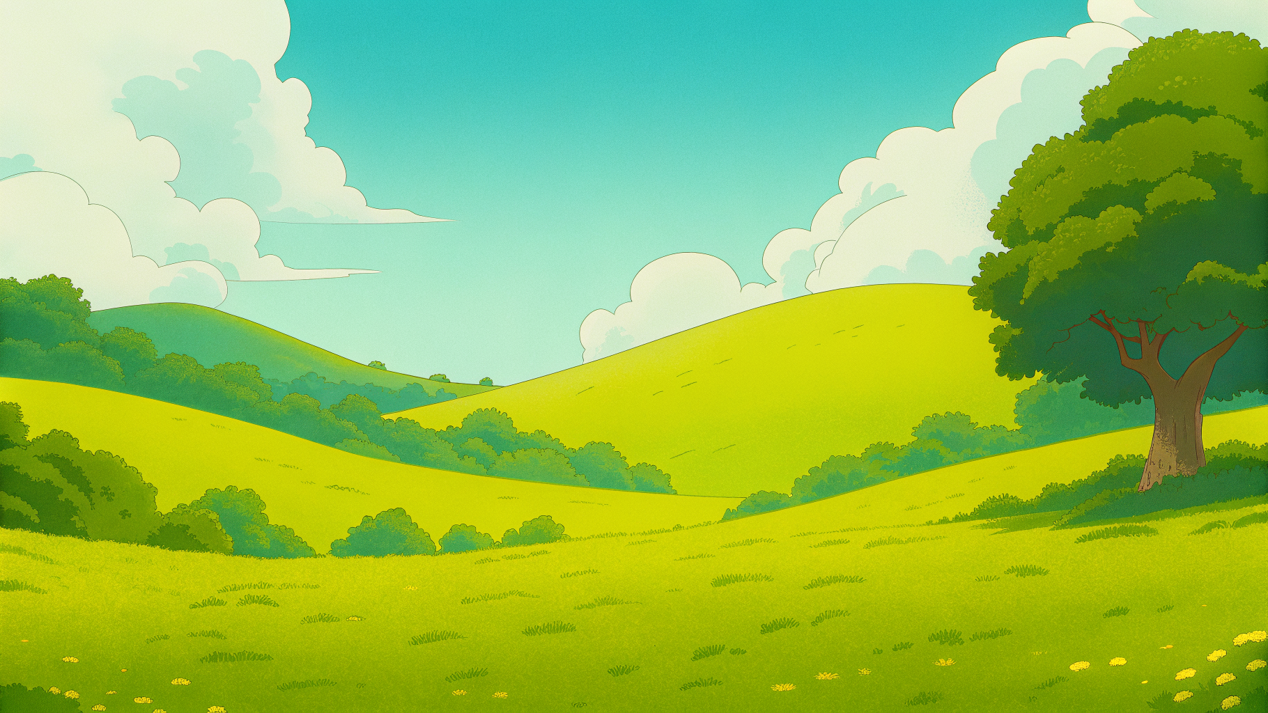 A calm green meadow with an oak tree under an open sky