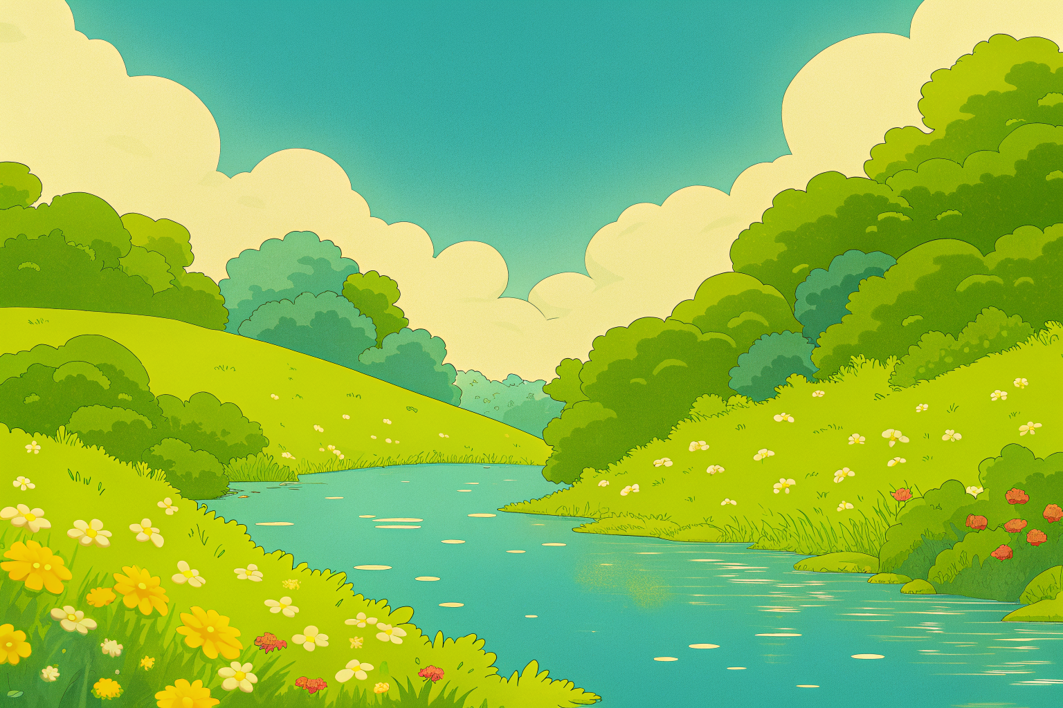 A clear river winding through green hills with wildflowers
