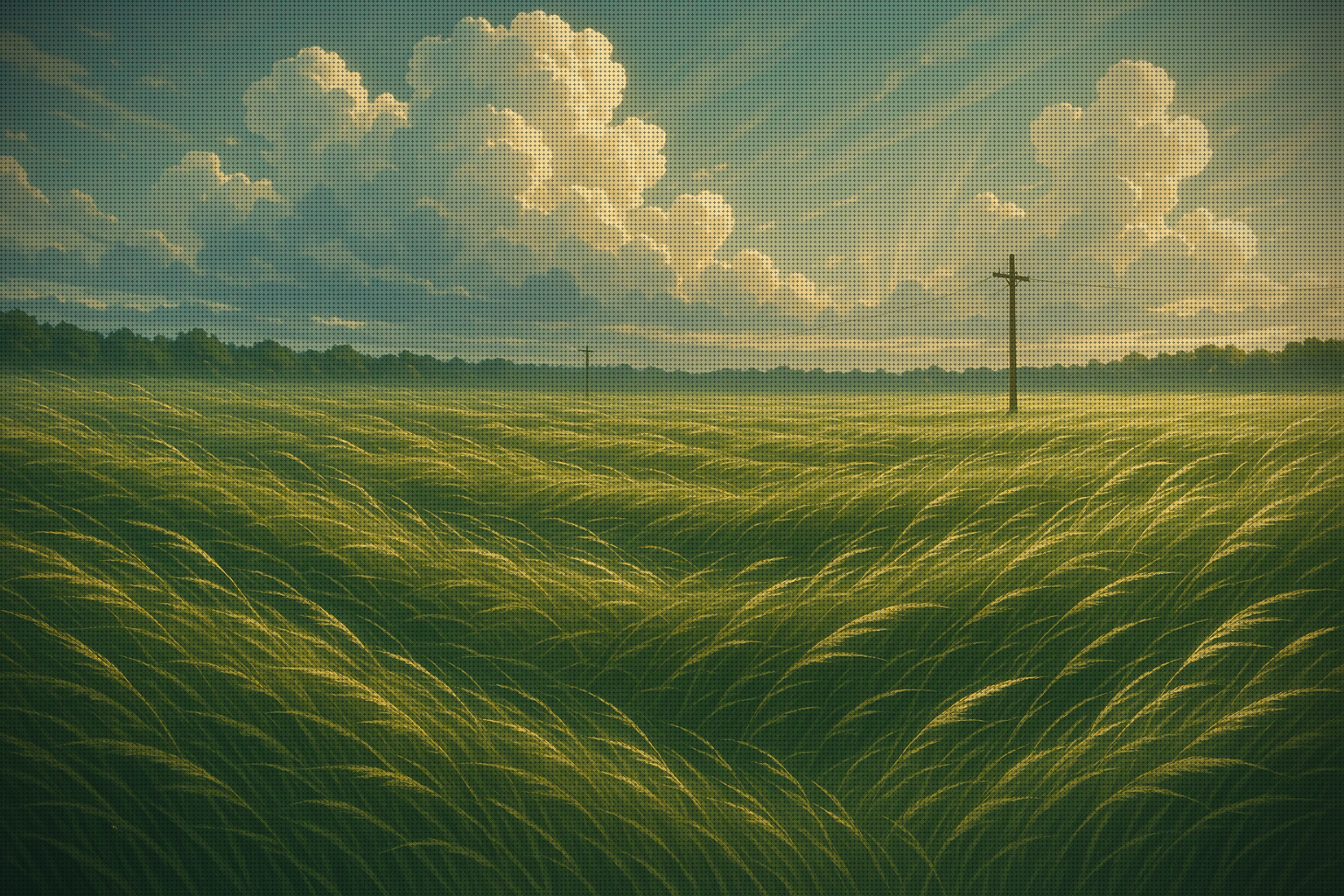 Windswept tall grass rippling toward a distant tree line under a luminous sky