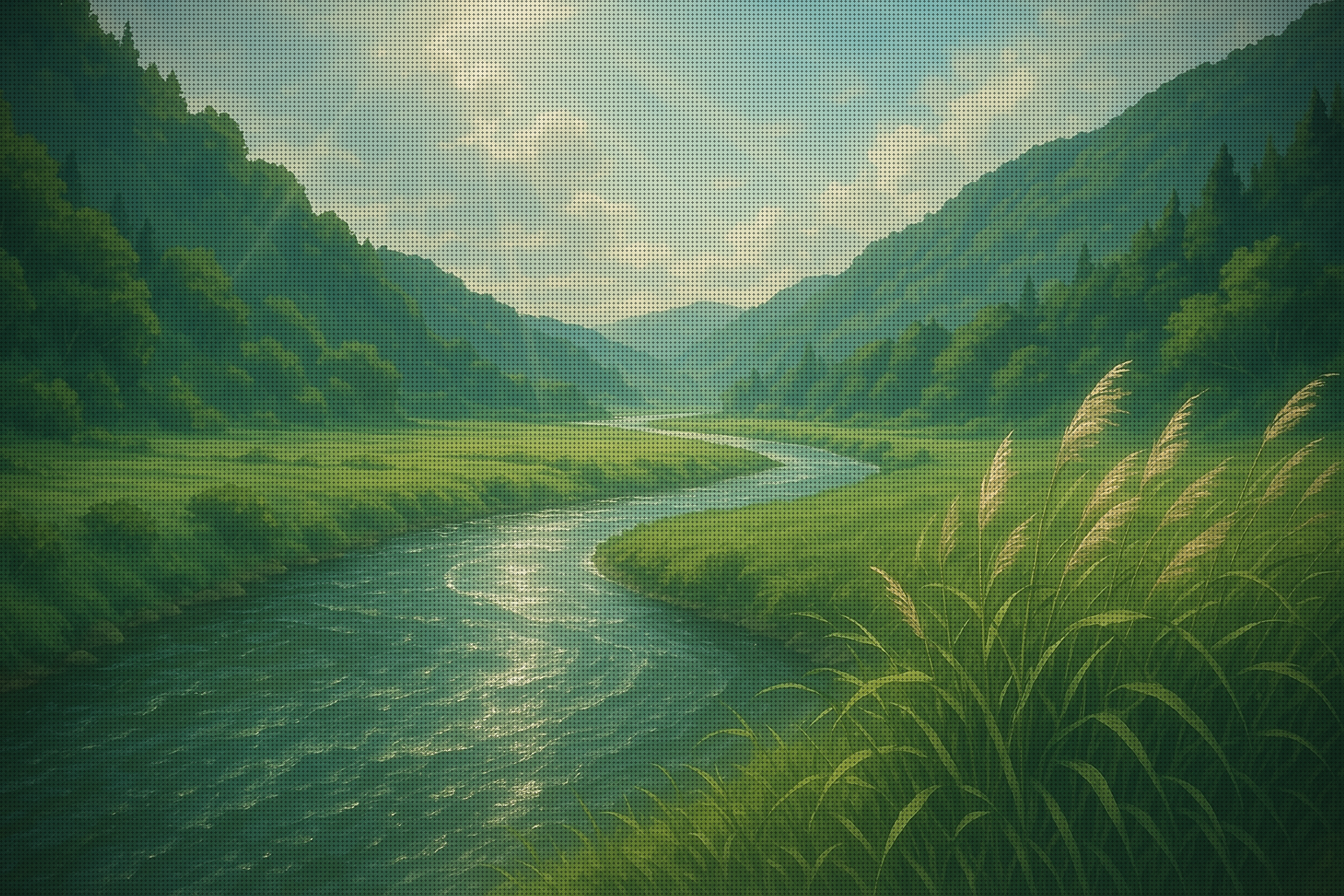 A river winding through a green valley with reeds bending in the wind
