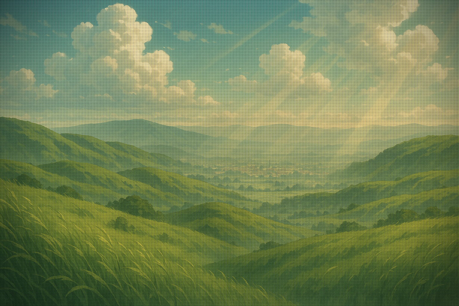 Green hills of tall grass rolling toward a distant town in the haze